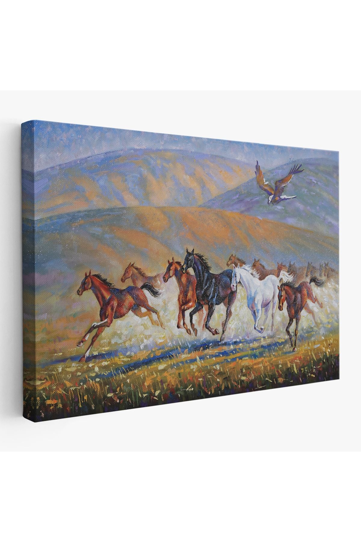 At Sürüsü ve Kartal Yağlıboya Görünüm Dekoratif Kanvas Duvar Tablosu-3600