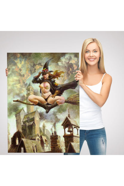 Çıplak Cadı Süpürgeye Biniyor, Cadılar Bayramı Gotik Sanatı, Kanvas Tablo-5288
