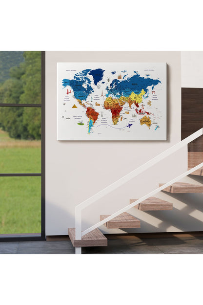 Türkçe Dünya Haritası Son Derece Ayrıntılı Eğitici ve Sembollü Kanvas Tablo 3166