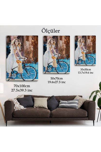 Bisiklete Binen Beyaz Elbiseli Kız Duvar Tablosu-6007