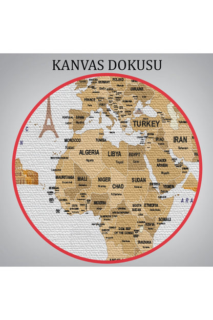 Dünya Haritası Dekoratif Kanvas Tablo Ülke ve Başkentli Öğretici ve Sembollü 2323