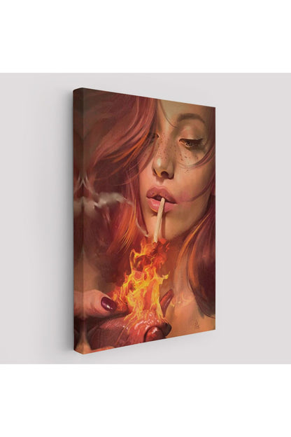 Platonik Aşkın Tavrı Sigarasını Yanan Bir Kalpten Yakan Kadın Kanvas Tablo-5247
