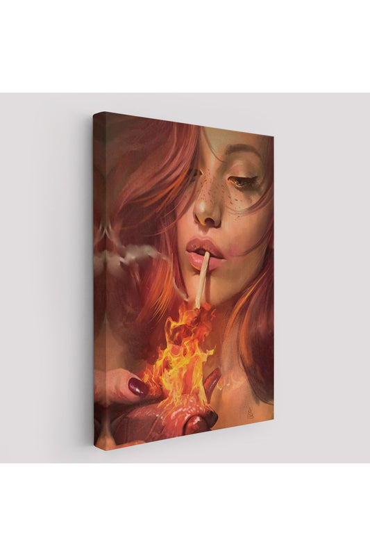 Platonik Aşkın Tavrı Sigarasını Yanan Bir Kalpten Yakan Kadın Kanvas Tablo-5247