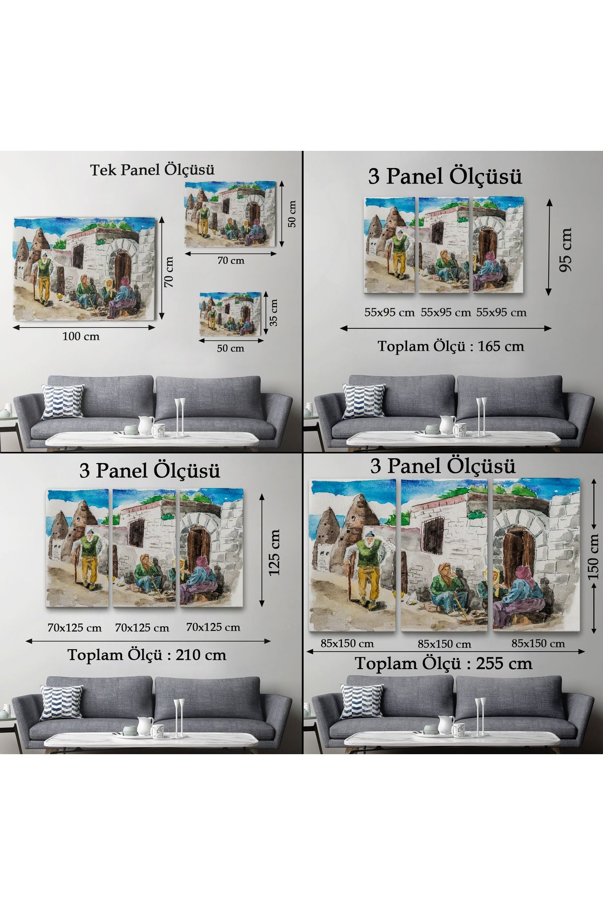 SZ KVS1-Kanvas Tablo-Kapadokya Göremedeki Köy Hayatı Yaşam Suluboya Görünüm  3756