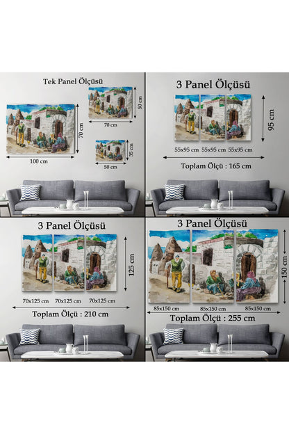 SZ KVS1-Kanvas Tablo-Kapadokya Göremedeki Köy Hayatı Yaşam Suluboya Görünüm  3756