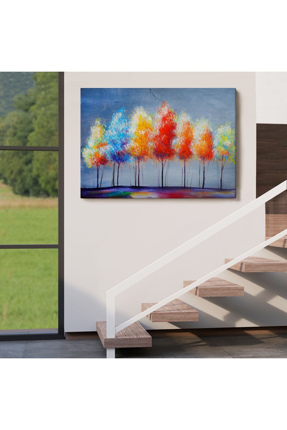 Renkli Ağaçlar Yağlıboya Görünüm Dekoratif Kanvas Duvar Tablosu-3656