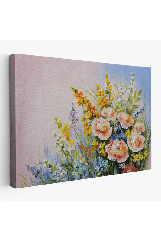 Soyut Yaz Çiçekleri Yağlıboya Görünüm Dekoratif Kanvas Duvar Tablosu-3496