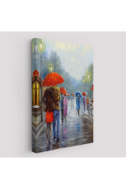 Yağmurda Yürüyen Romantik Çift Yağlıboya Görünüm Dekoratif Kanvas Duvar Tablosu-5943