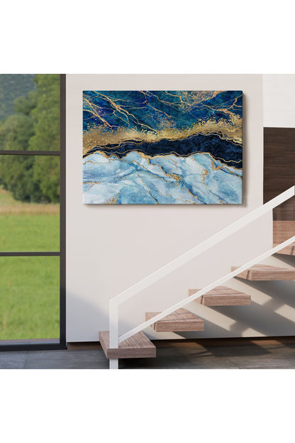 Mavi ve Gold'un Müthiş Uyumu Mermer Görünümlü Modern Kanvas Tablo-5061