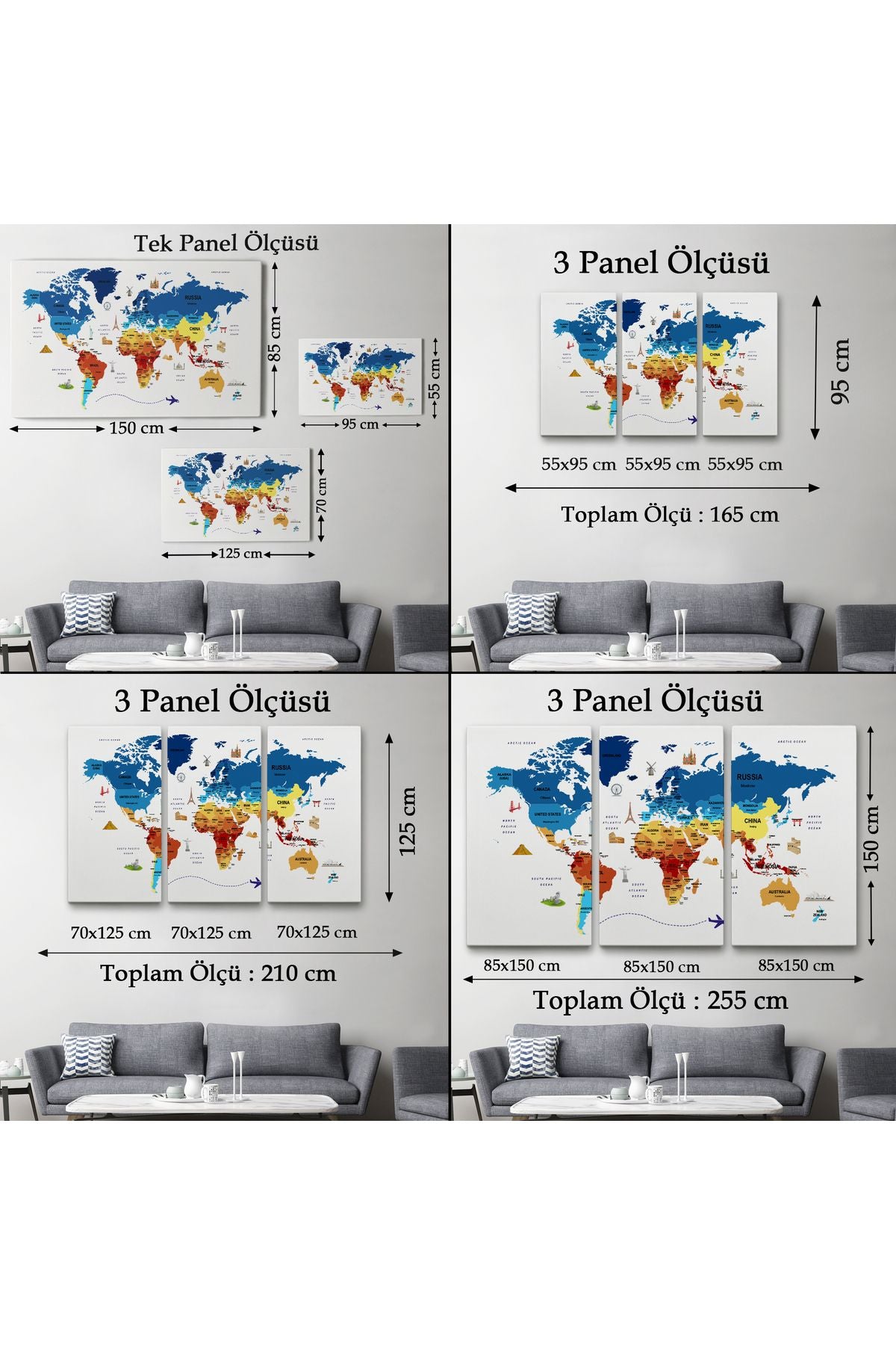 Dünya Haritası Dekoratif Kanvas Tablo Ülke ve Başkentli Öğretici ve Sembollü 2267