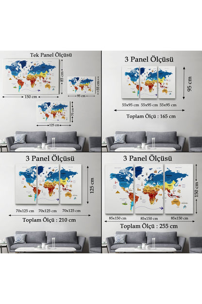 Dünya Haritası Dekoratif Kanvas Tablo Ülke ve Başkentli Öğretici ve Sembollü 2267