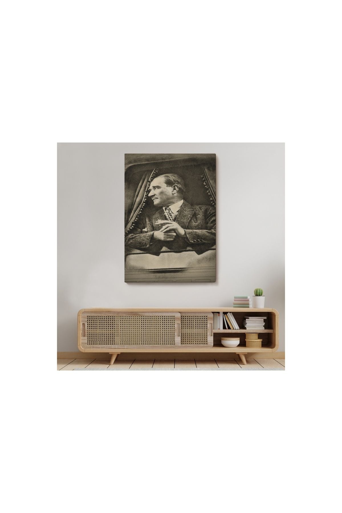 Mustafa Kemal Atatürk'ün Karakalem Görünümlü Portre Çizimi Dikdörtgen Dekoratif Kanvas Tablo-de-82