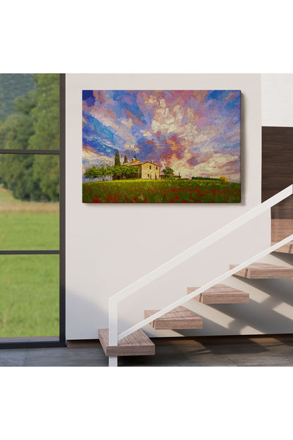 Toskana İtalyadaki Kırmızı Gelincik Tarlası Yağlıboya Görünüm  Kanvas Tablosu-3697