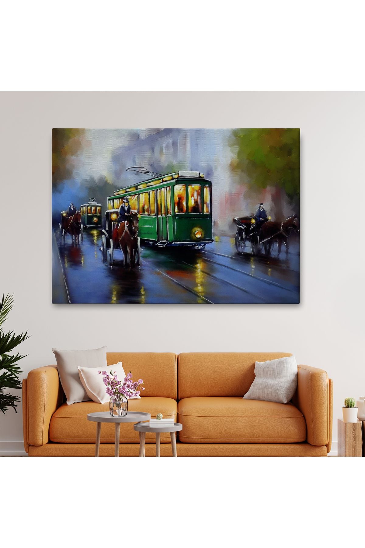 Eski Tramvay Retro Yağlıboya Görünüm Dekoratif Kanvas Duvar Tablosu-3574