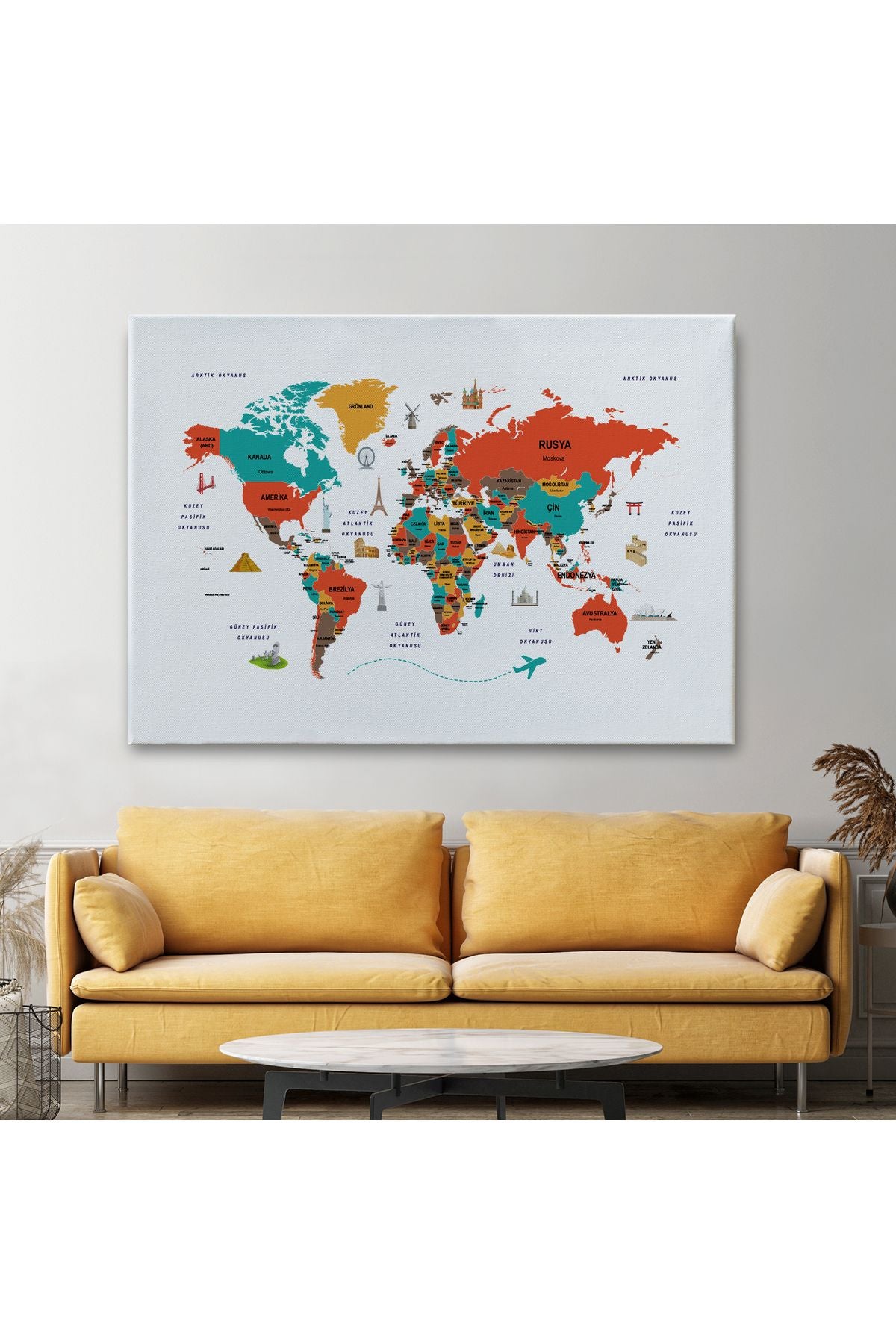 Türkçe Dünya Haritası Kanvas Tablo Ülke-Başkentli Öğretici ve Sembollü 2290