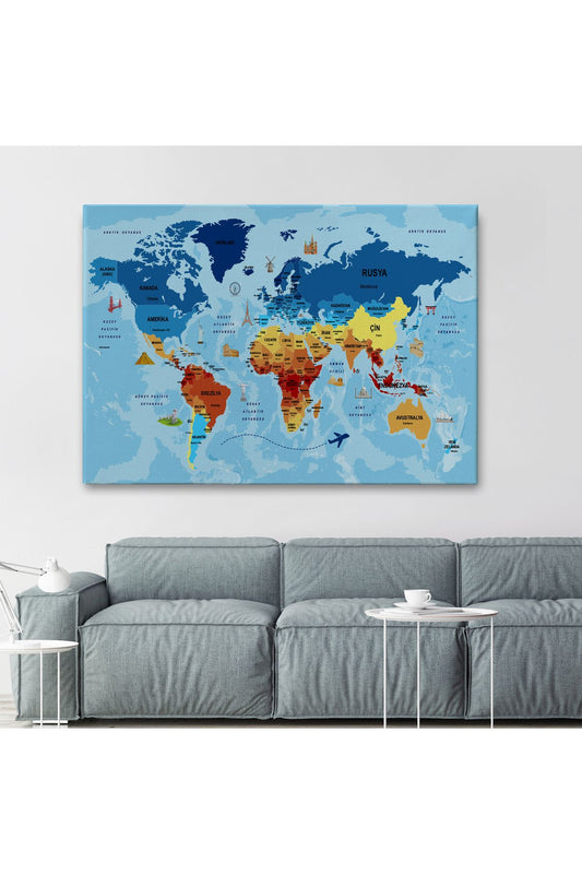 Türkçe Dünya Haritası Sembollü ve Okyanuslu Dekoratif Kanvas Tablo 2422