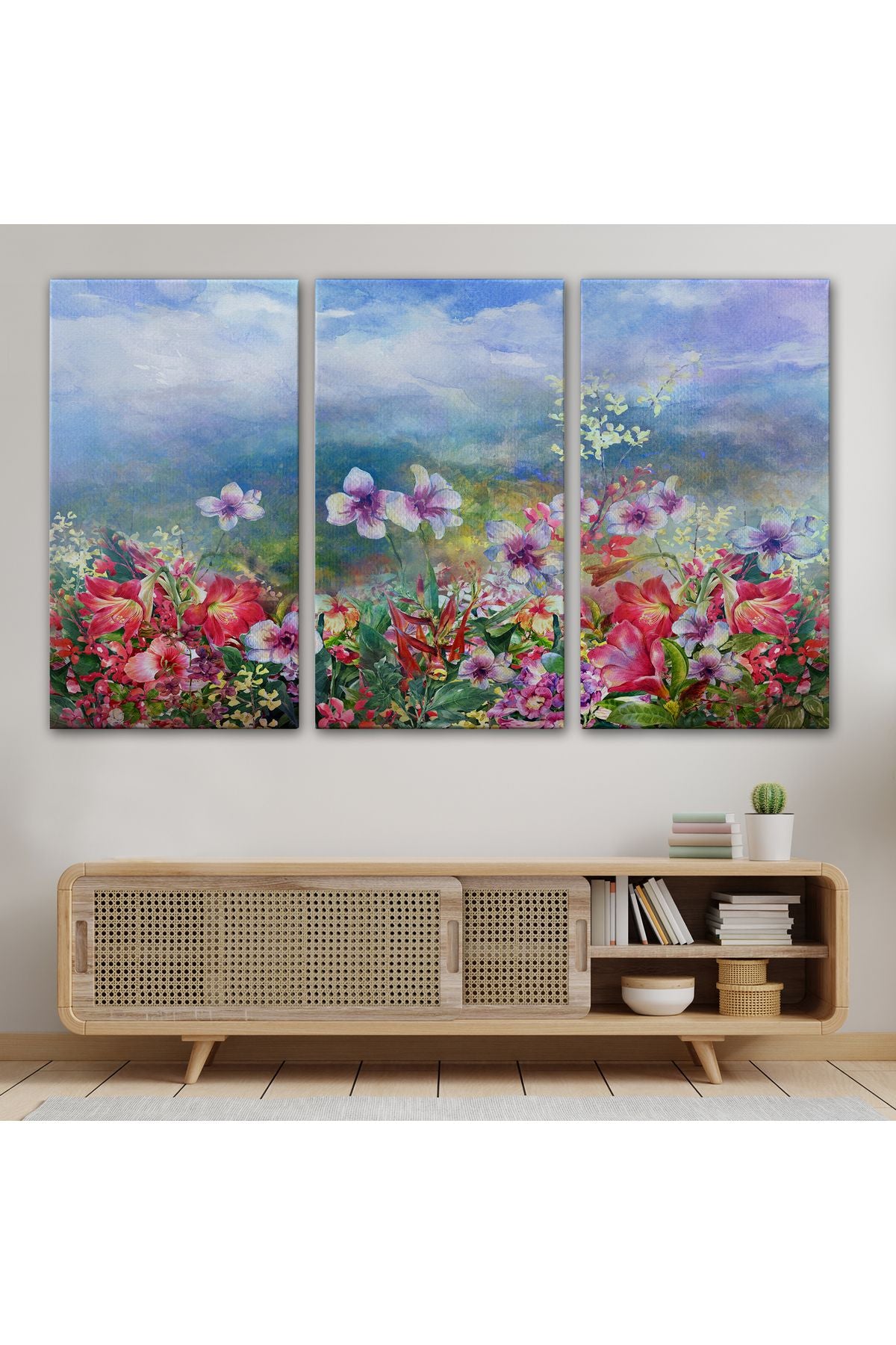 Renkli Çiçekler Suluboya Görünüm Dekoratif Kanvas Duvar Tablosu-3475