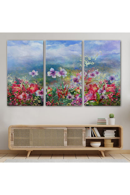 Renkli Çiçekler Suluboya Görünüm Dekoratif Kanvas Duvar Tablosu-3475
