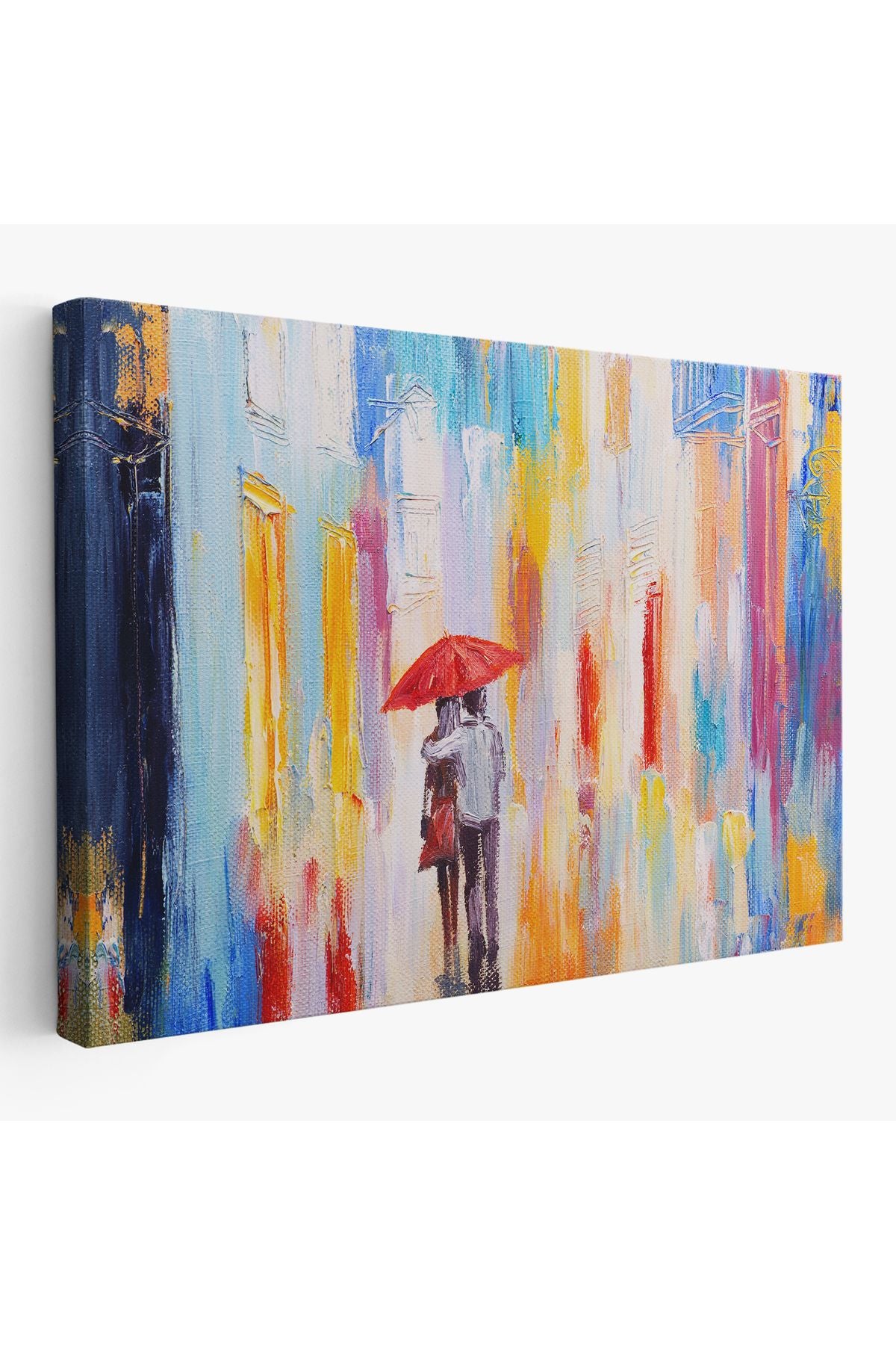 Kırmızı Şemsiyeli Sevgililer Yağlıboya Görünüm Kanvas Duvar Tablosu-3452