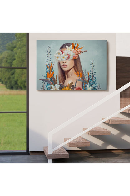 Çiçekler İçindeki Güzel Kadın Portresi Kanvas Tablo-5023