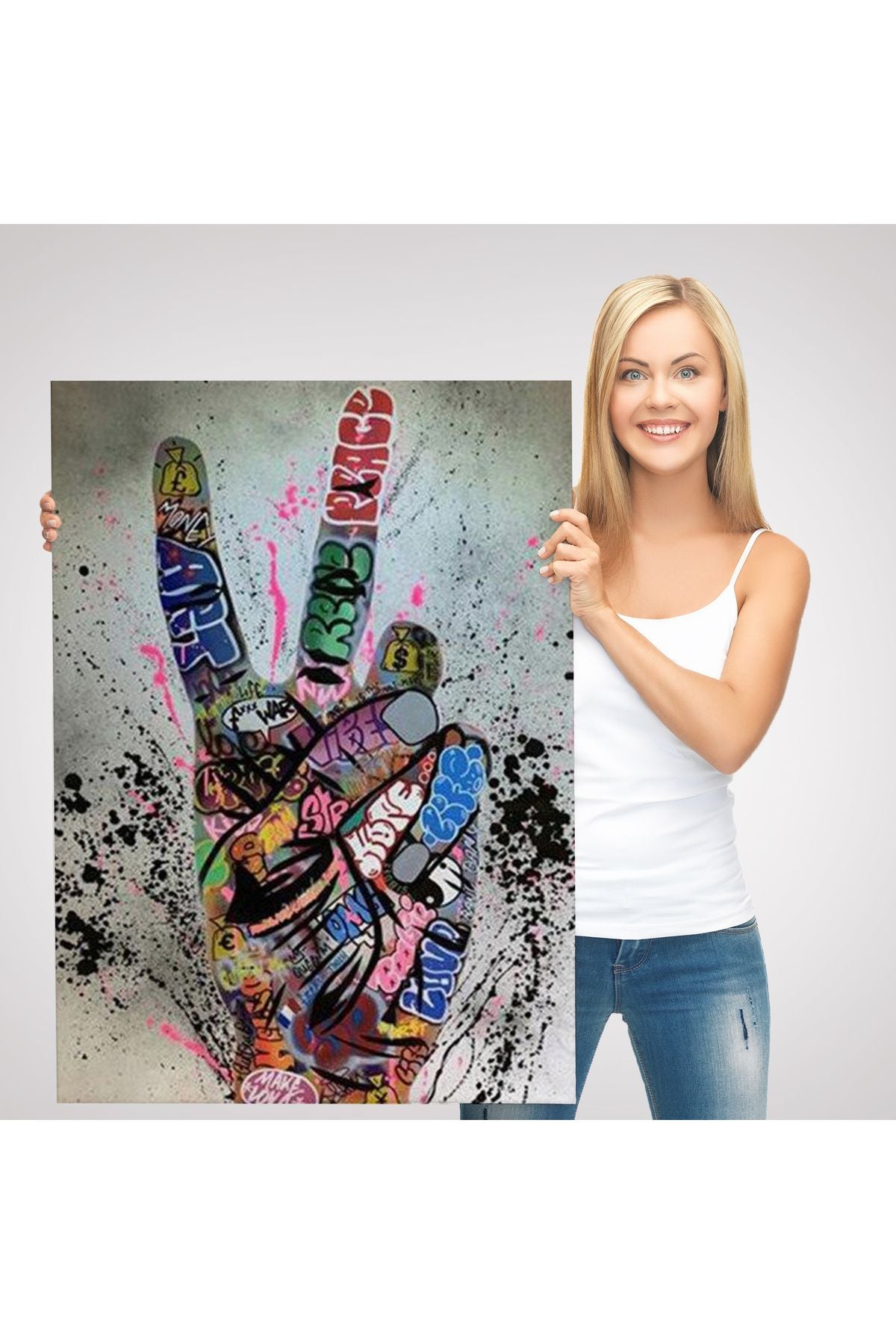 Bansky El Hareketi Kanvas Tablo, Graffiti Zafer İşareti Sokak Sanatı Tablo-5309