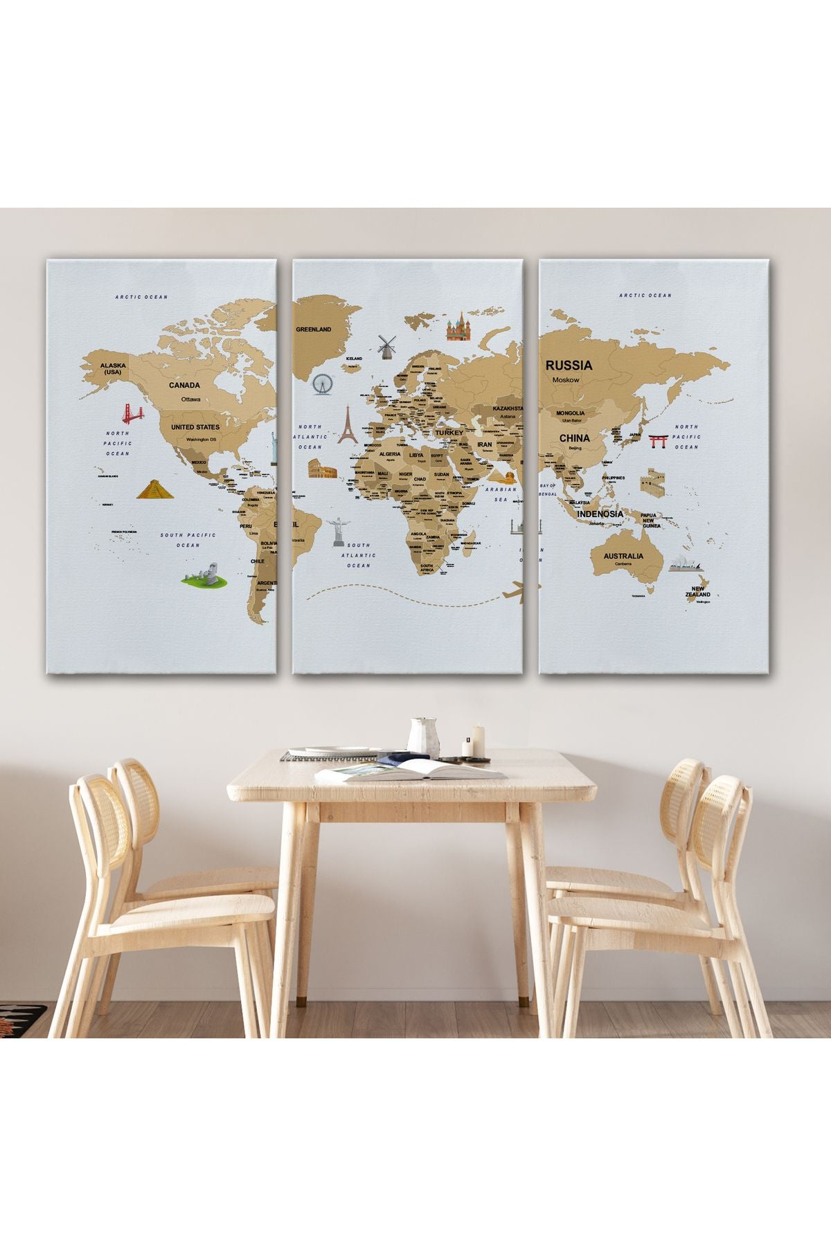 Dünya Haritası Dekoratif Kanvas Tablo Ülke ve Başkentli Öğretici ve Sembollü 2323