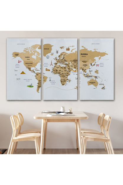 Dünya Haritası Dekoratif Kanvas Tablo Ülke ve Başkentli Öğretici ve Sembollü 2323