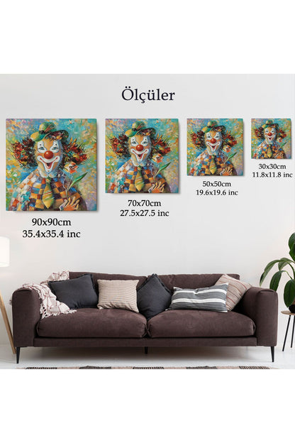 Bir Çiçekli Palyaço Yağlıboya Görünüm Dekoratif Kanvas Duvar Tablosu-5838