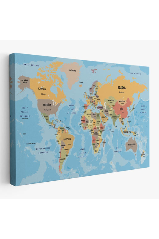 Türkçe Dünya Haritası Ülke Başkentli ve Okyanuslu Dekoratif Kanvas Tablo 2228