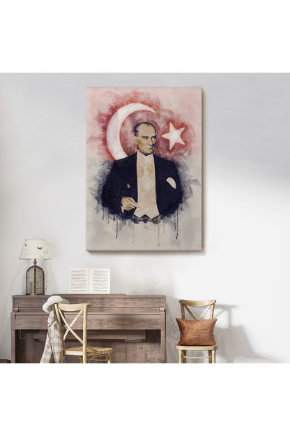 Mustafa Kemal Atatürk ve Türk Bayrağı Suluboya Görünümlü Dekoratif Kanvas Tablo-CY-76