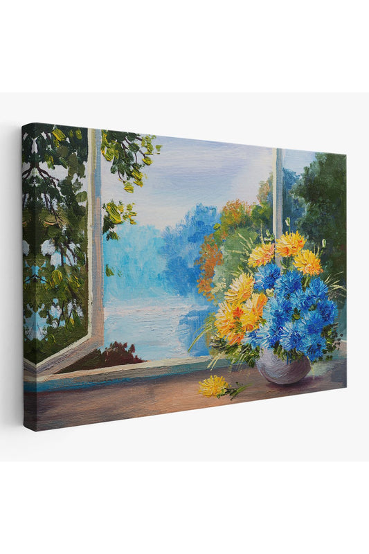 Pencere Kenarıdaki Çiçek Buketi Kanvas Duvar Tablosu-3453