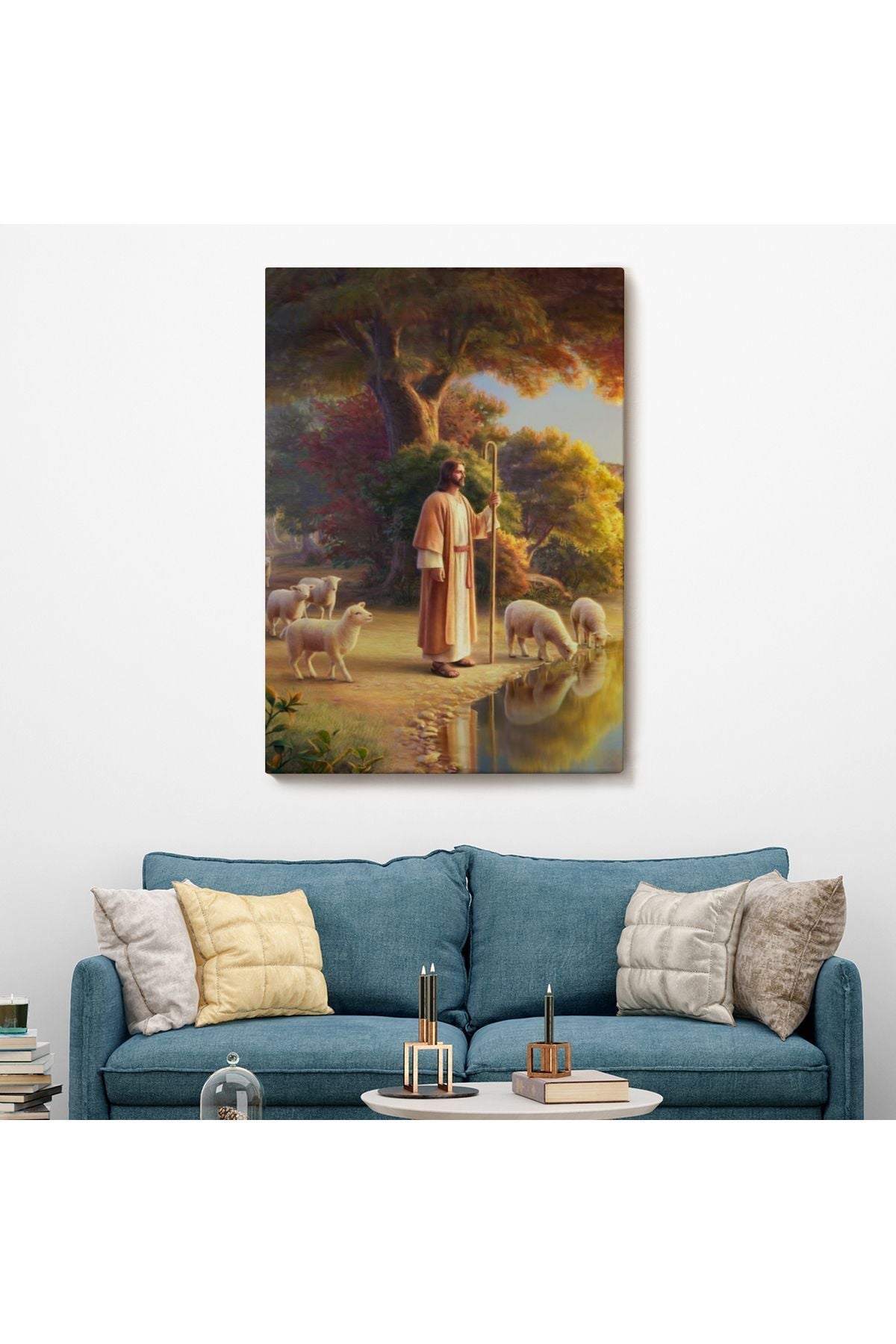 Dekoratif Kanvas Tablo-Hristiyan Duvar Sanatı, Kuzular ve Göl Kenarında İsa Mesih 5272