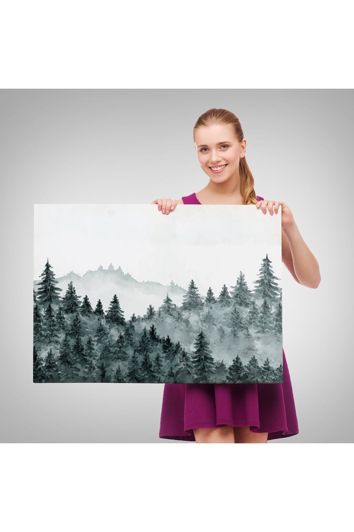 Suluboya Görünümlü Orman Manzarası Dekoratif Kanvas Duvar Tablosu-3644