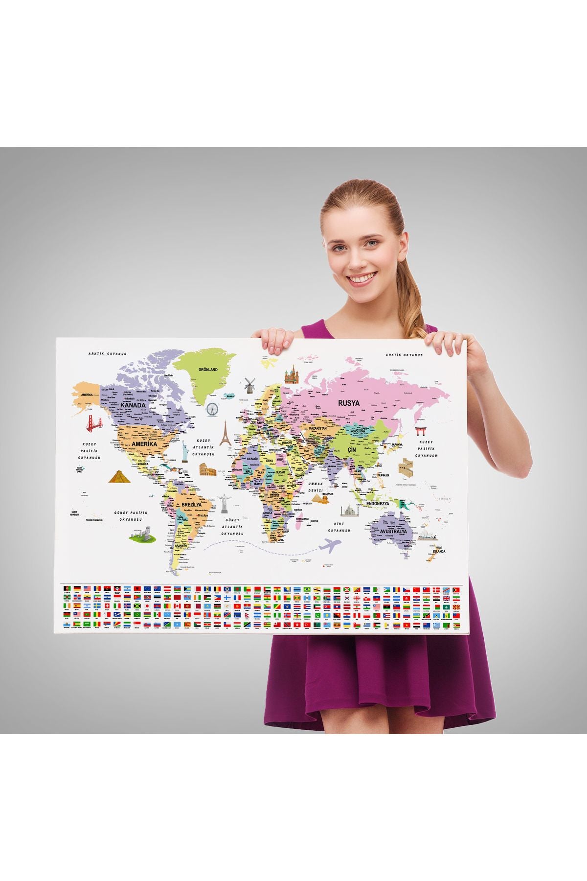 Türkçe Dünya Haritası Ayrıntılı Eğitici Sembollü Bayraklı Dekoratif Kanvas Tablo 2846