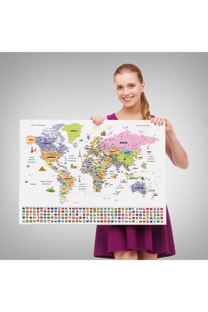 Türkçe Dünya Haritası Ayrıntılı Eğitici Sembollü Bayraklı Dekoratif Kanvas Tablo 2846