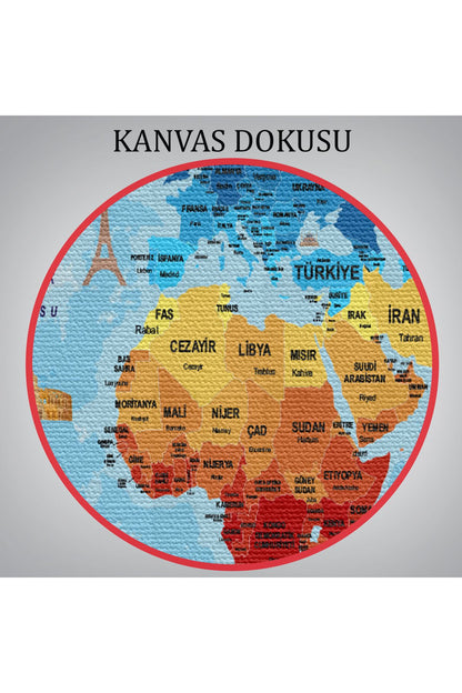 Türkçe Dünya Haritası Sembollü ve Okyanuslu Dekoratif Kanvas Tablo 2422
