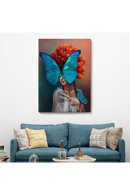 Mavi Kelebekli Kadın Yağlıboya Görünüm Dekoratif Kanvas Duvar Tablosu-5947