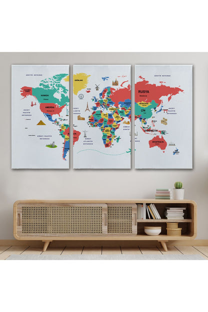Türkçe Dünya Haritası Dekoratif Kanvas Tablo Ülke-Başkentli Öğretici ve Sembollü 2314