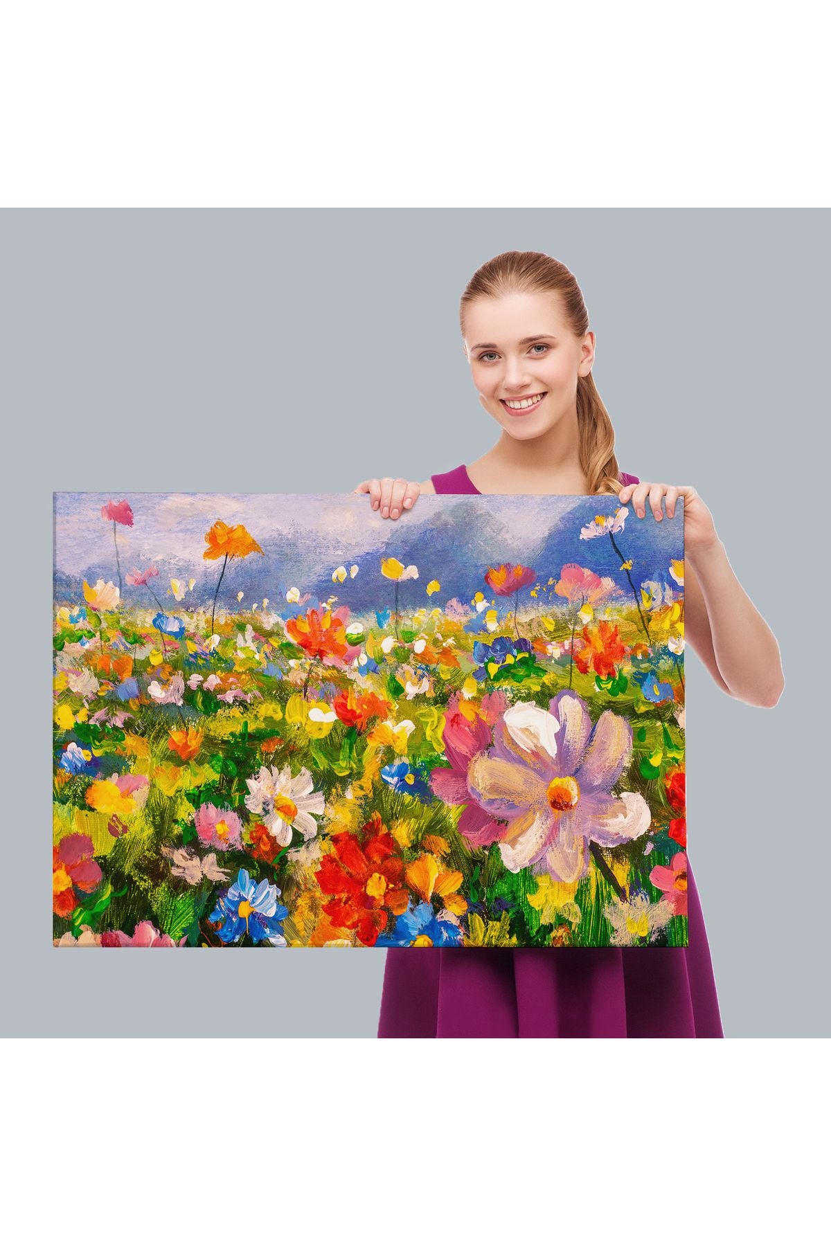 Kır Çiçekleri Yağlıboya Görünüm Dekoratif Kanvas Duvar Tablosu-3740