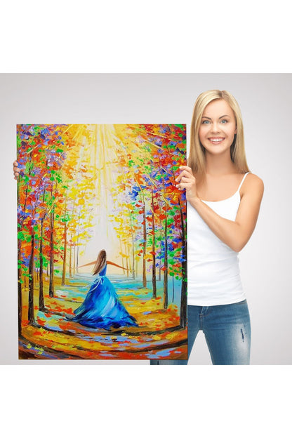 Renkli Ormanda Yürüyen Mavi Elbiseli Kadın Tablosu-6039