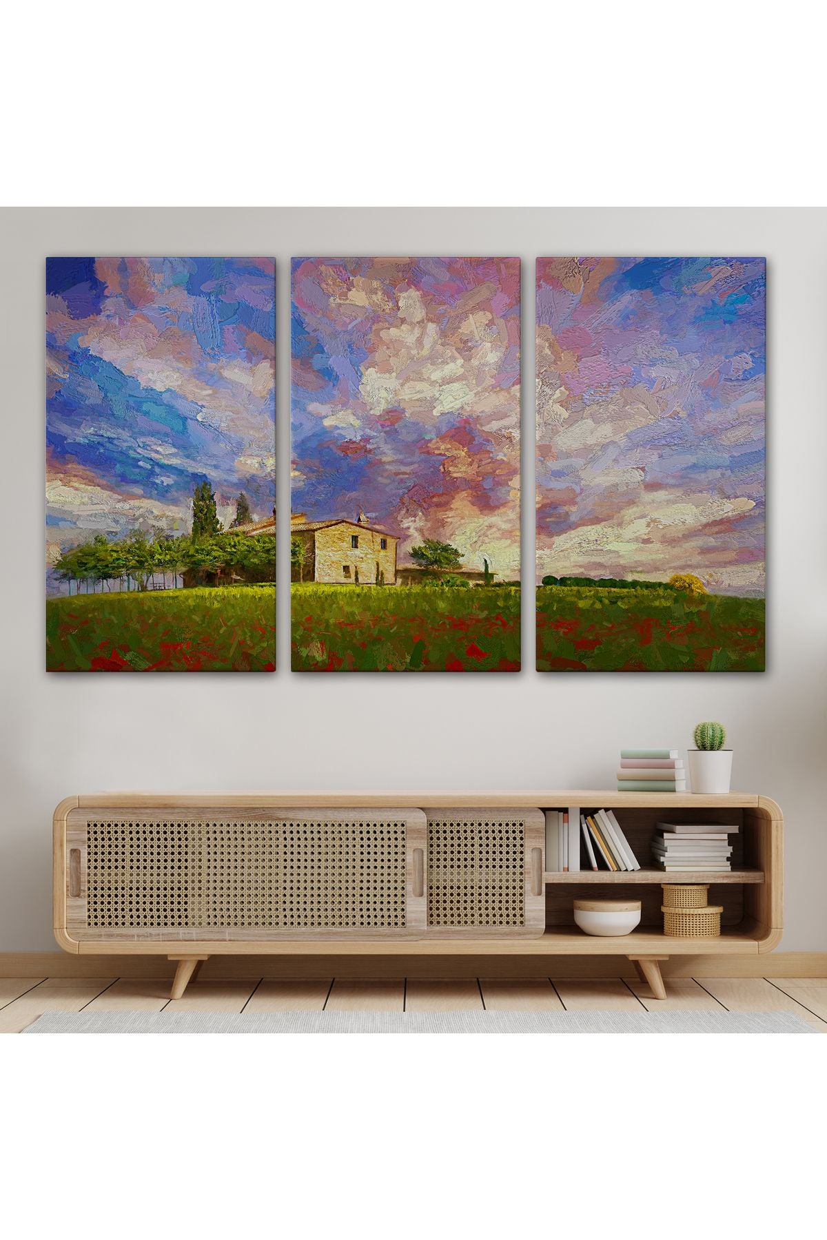 Toskana İtalyadaki Kırmızı Gelincik Tarlası Yağlıboya Görünüm  Kanvas Tablosu-3697