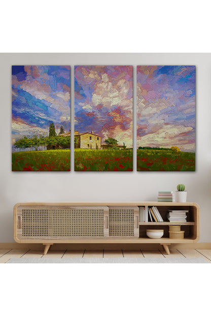 Toskana İtalyadaki Kırmızı Gelincik Tarlası Yağlıboya Görünüm  Kanvas Tablosu-3697