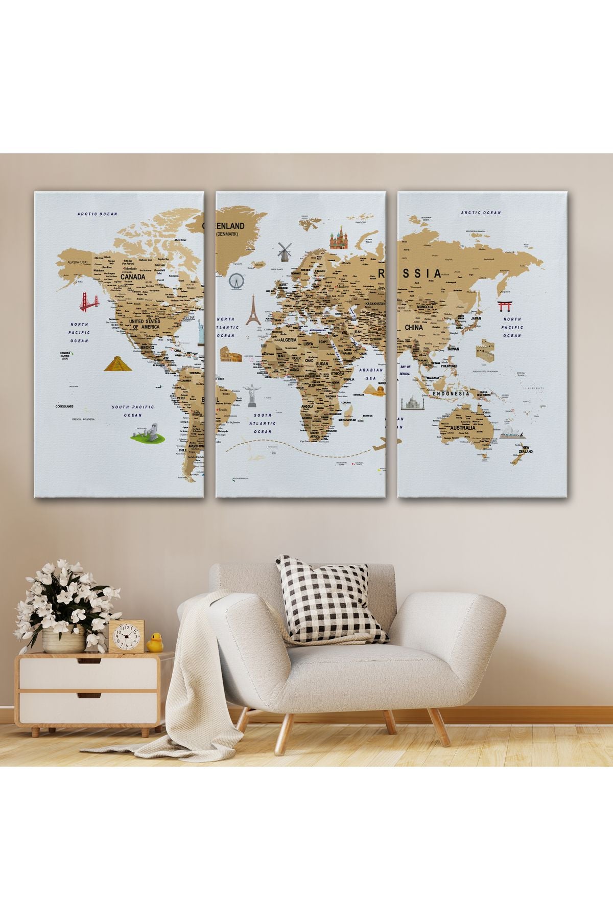 Dünya Haritası Son Derece Ayrıntılı Eğitici ve Sembollü Dekoratif Kanvas Tablo 3219
