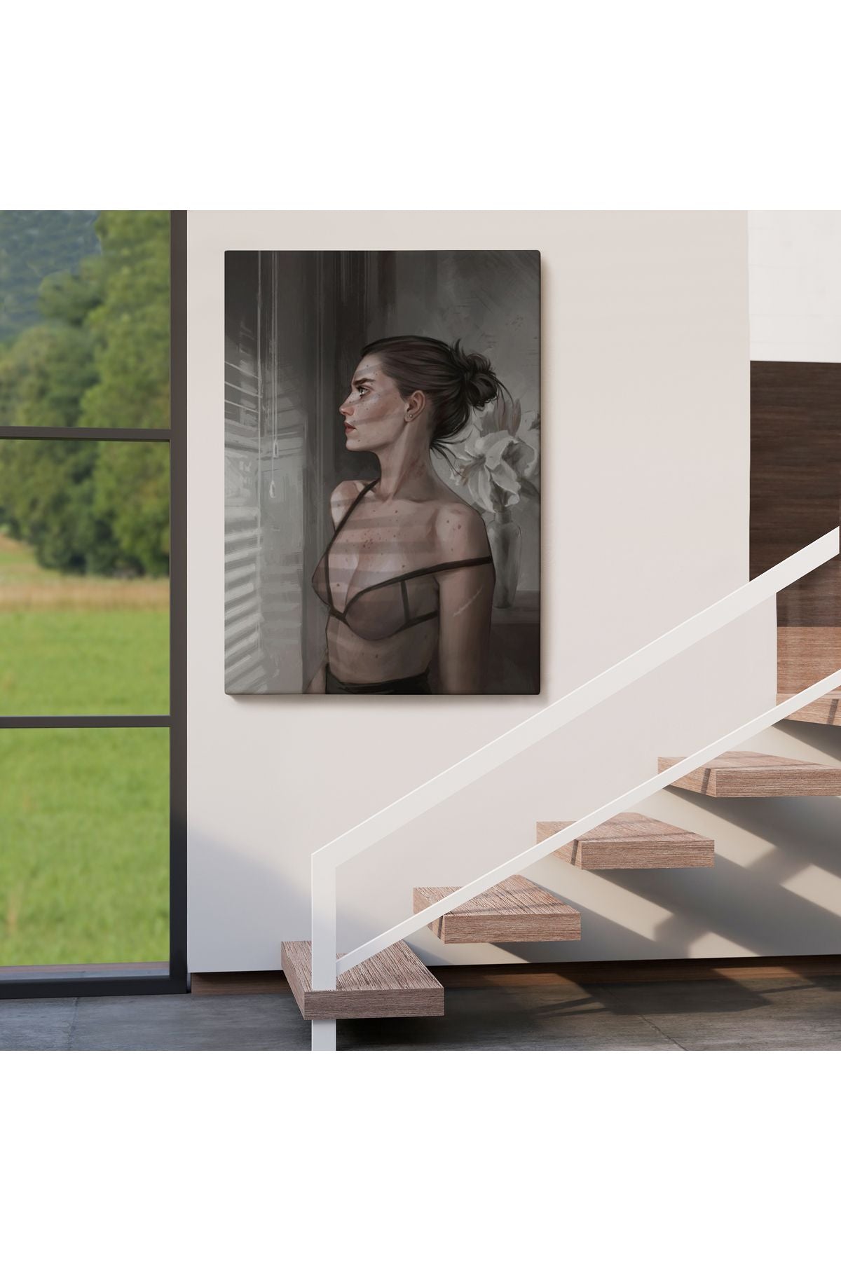 Güzel Kadın Pencereden Dışarı Bakıyor Kanvas Tablosu-5257