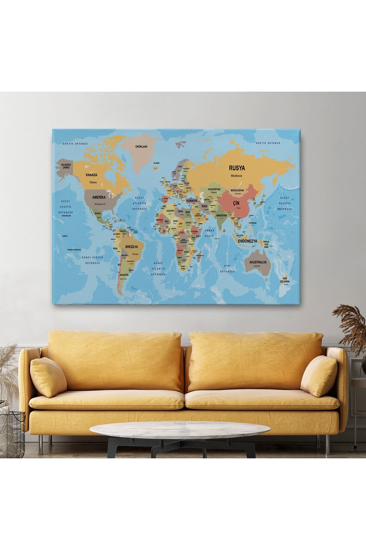 Türkçe Dünya Haritası Ülke Başkentli ve Okyanuslu Dekoratif Kanvas Tablo 2228