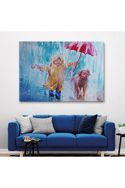 Yağmurda Köpeğini Gezdiren Cocuk Yağlıboya Görünümlü Kanvas Tablo-3454
