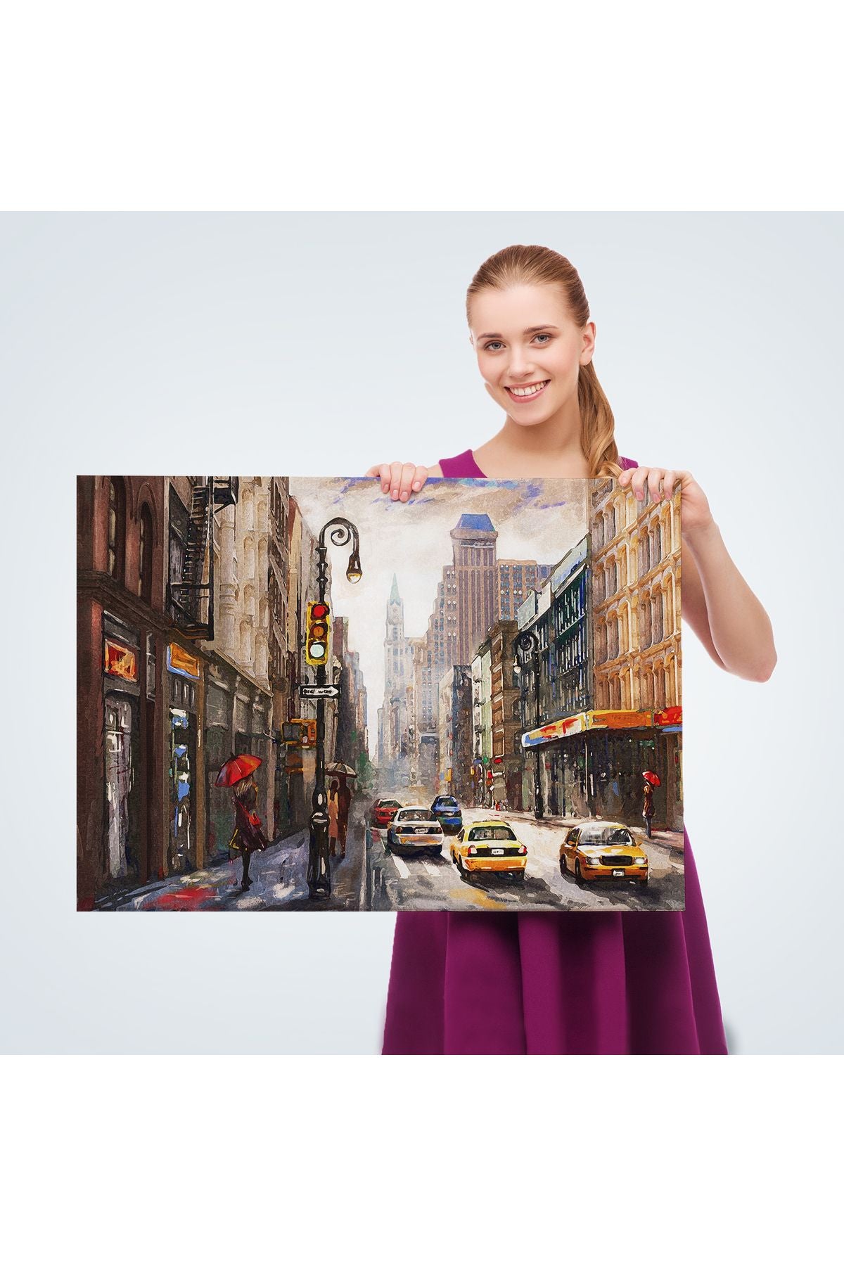 New York Sokakları Ve Sarı Taksi Yağlıboya Görünüm Tablo-3550