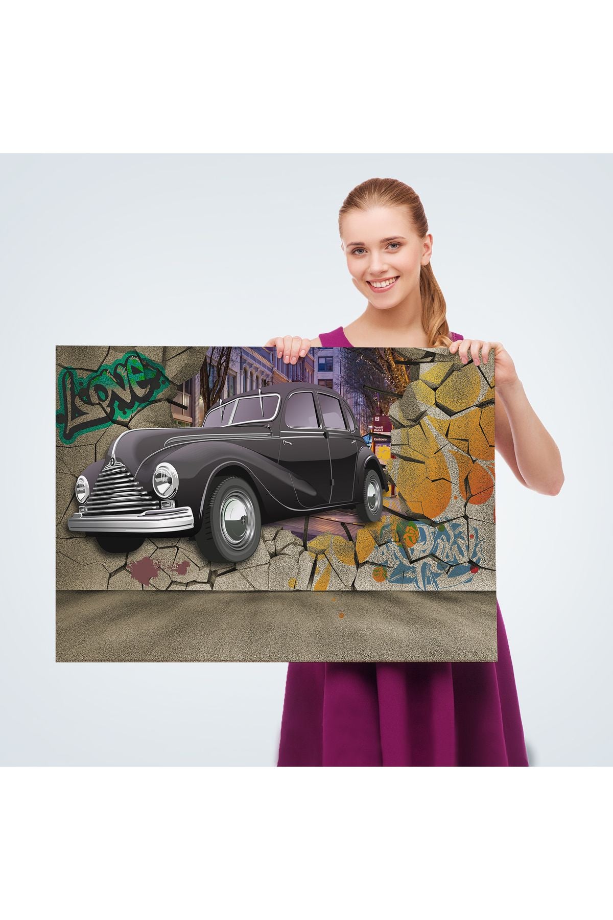 Duvardan Fırlayan Klasik Araba Dekoratif Kanvas Duvar Tablosu-3631