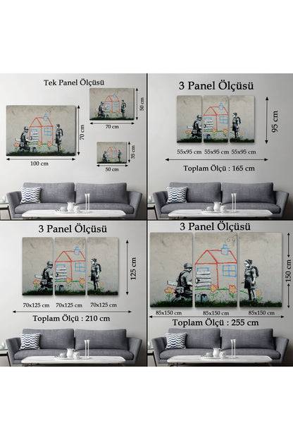 Bansky Çocuğun Çizdiği Evin Kapısını Kapatan Adam Kanvas Tablo-5019