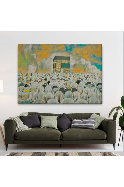 Mekke Kabe'de Kılınan Namazın Muhteşem Görüntüsü Kanvas Tablo-5052
